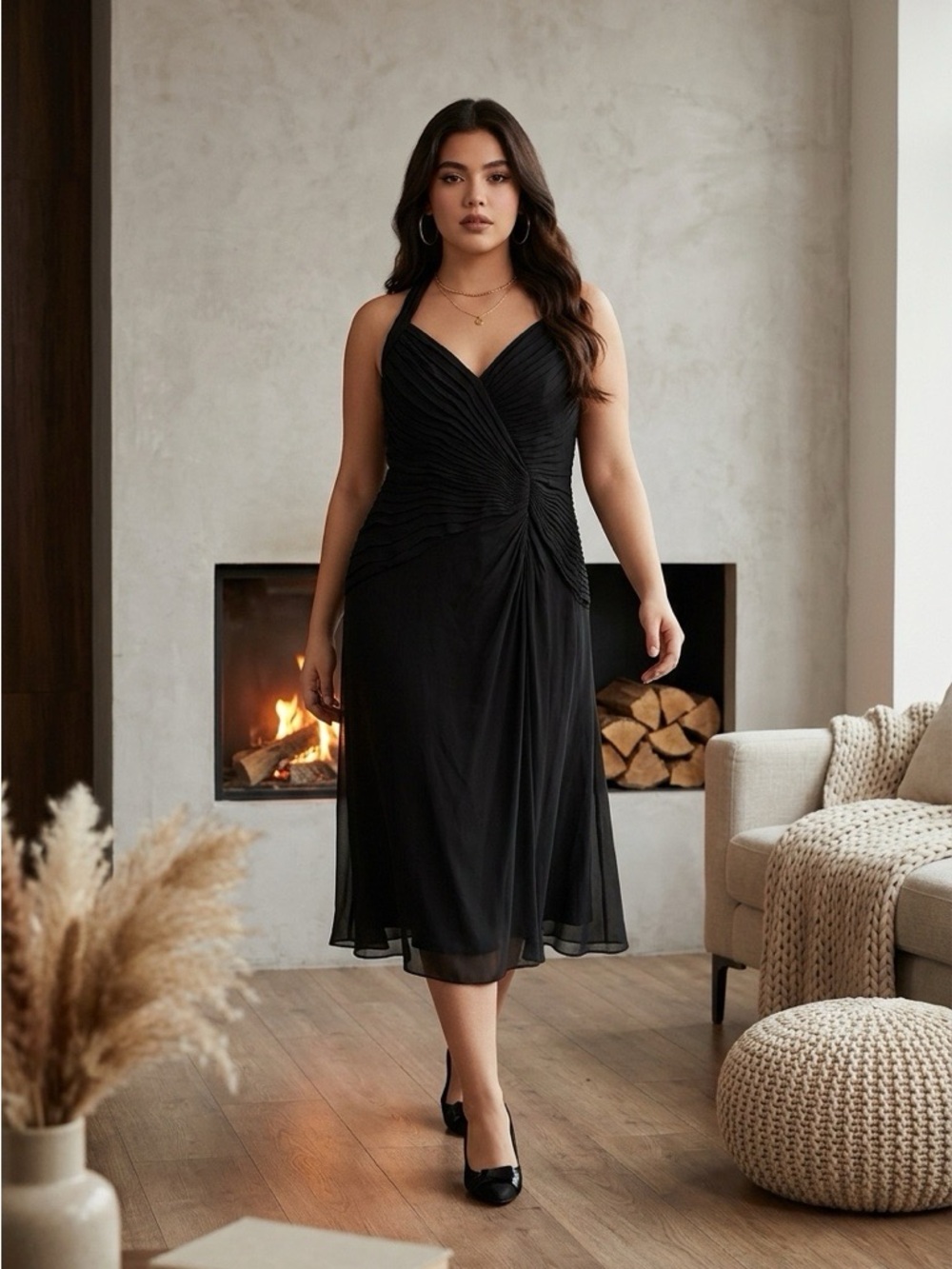 Barami Silk Black Halter Midi Dress with Ruched Twist Detail